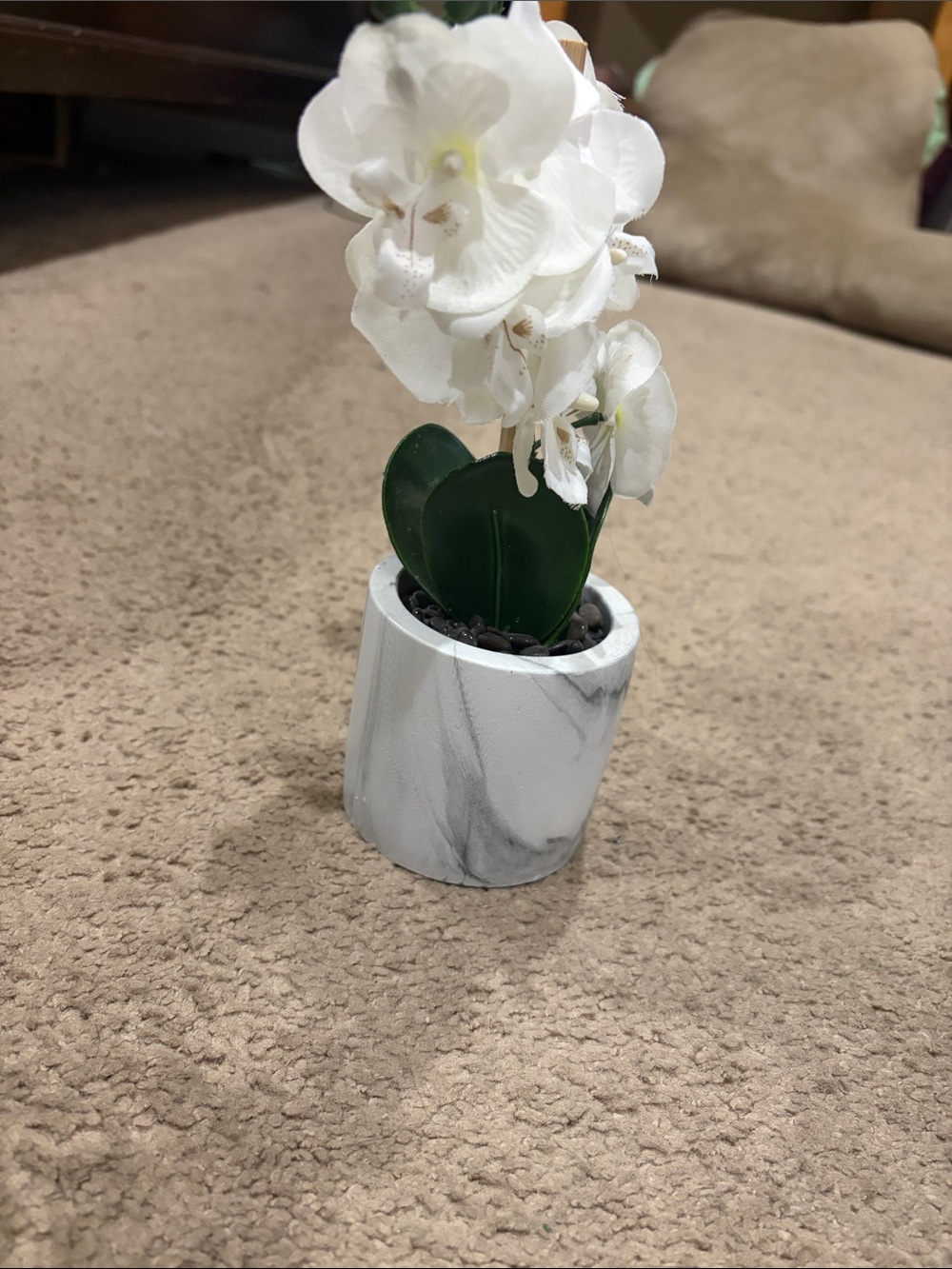 White Marble Faux Orchid in White Planter -